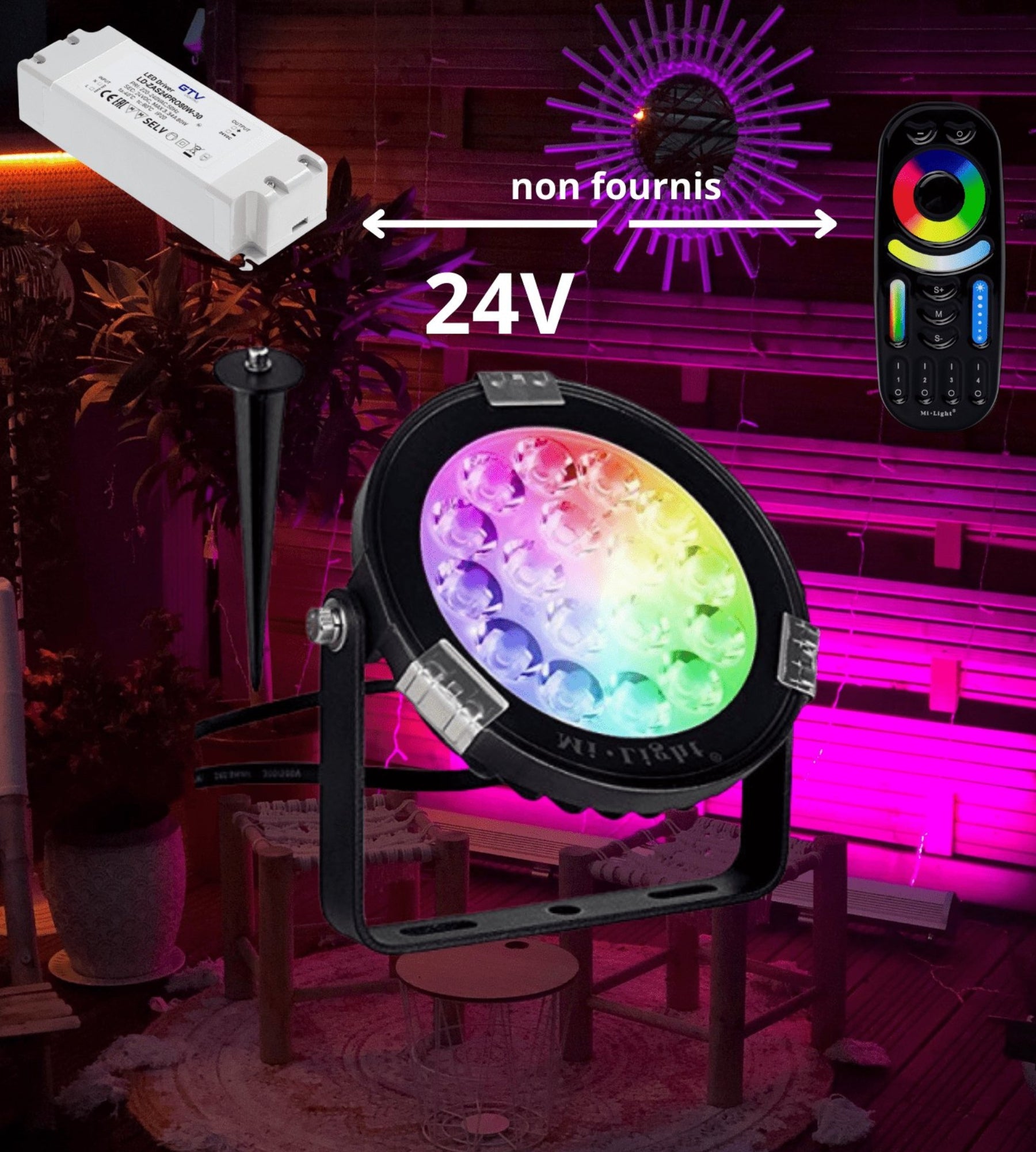 Spot piquet télécommandable FUTC01 RGB/CCT - 24V - Ø 11.5 cm - Spécial abords piscine - Télécommandable